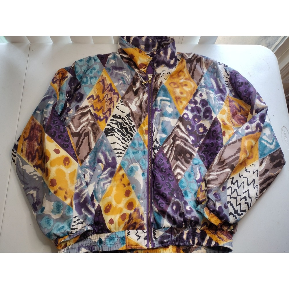 East West Vintage 100% Silk Bomber‎ Jacket XL Animal Print Geometric
